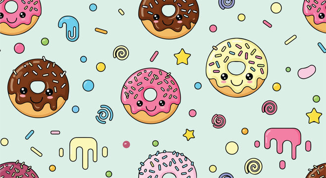A colorful pattern of smiling donuts with sprinkles and frosting