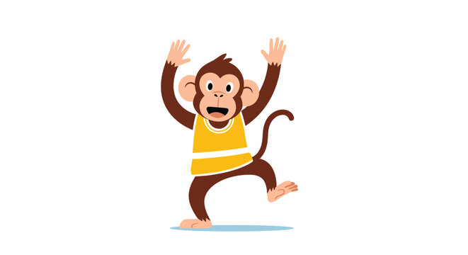 Active brown monkey wearing a yellow and white basketball jersey with its arms raised in excitement on a white background.