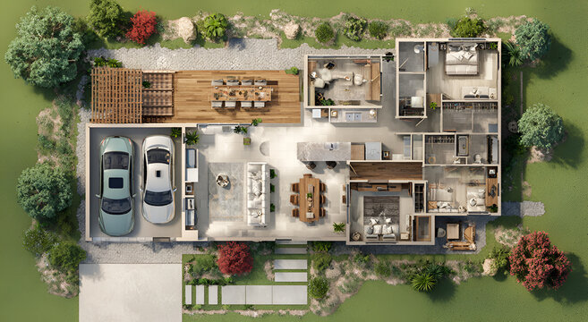 Top-down view of a modern house plan with detailed interior and exterior landscaping.