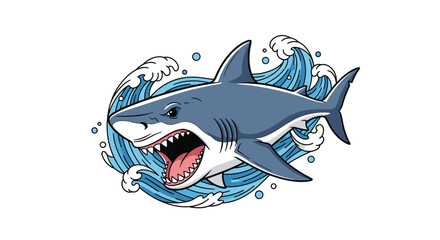Naklejka premium Fierce great white shark swimming with its mouth open through crashing blue ocean waves against a white background.