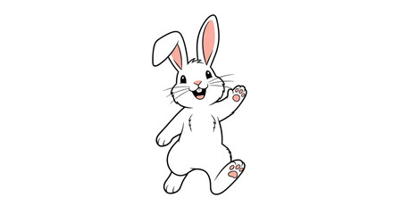 Fototapeta premium Happy white bunny with pink ears and paws waves cheerfully while standing on its hind legs in a friendly character design.