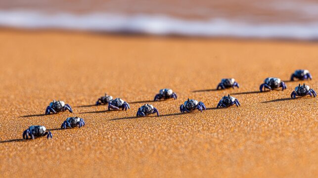Numerous Tiny Blue and Purple Crabs Scuttling Across a Warm, Sunlit Sandy Beach Near the Ocean Shore