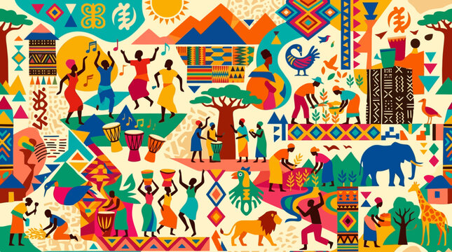 Vibrant African tribal art mural with diverse wildlife and people.