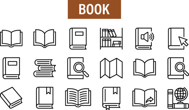Book and reading icon set featuring open books library shelves study materials and education resources outline vector collection