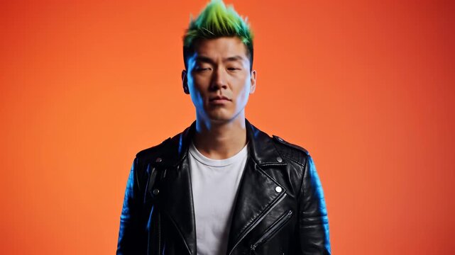 Young Man with Green Mohawk and Leather Jacket Posing Against Orange Background.