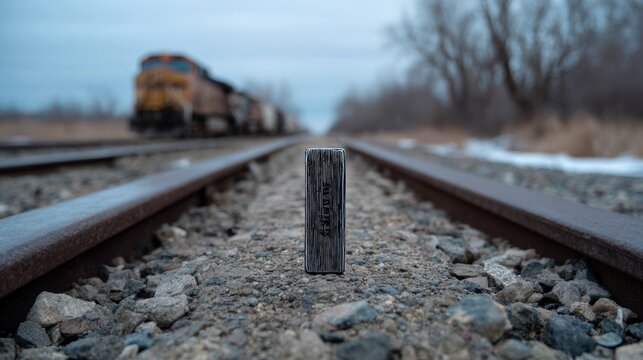 A Thin Black Iron Frame With Matte Finish Stands Vertically On Railroad Tracks With A Train In The Background