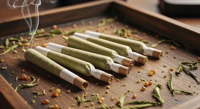 A wooden tray holding several cannabis joints with smoke rising