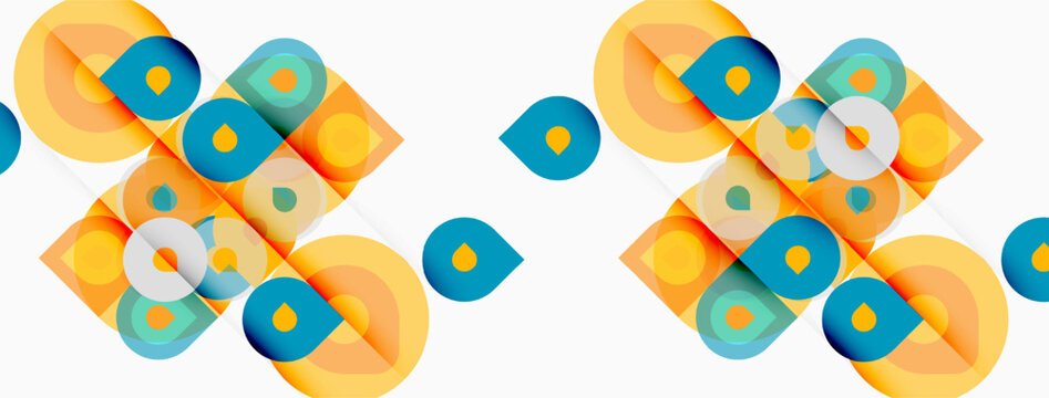 Abstract geometric pattern. Overlapping circles, squares create vibrant texture. Yellow, blue hues dominate design. Minimalist style.