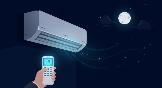 Person adjusting air conditioner remote control at night  