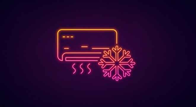 Neon air conditioner with heating and cooling symbols against dark background  