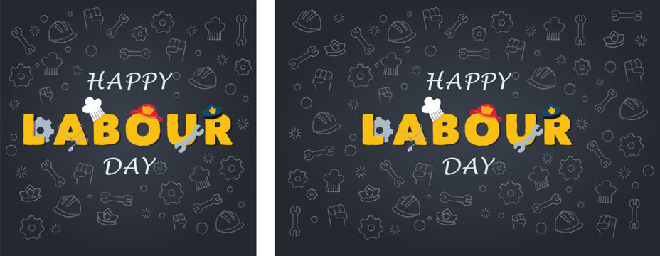 Happy labour day greeting card with icons of various professions and tools on a dark blue background