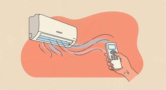Air conditioner with remote control dispensing cool air indoors  