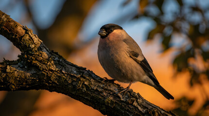 Fototapeta premium Elegant female bullfinch with soft pinkish-grey plumage perched on a textured branch.