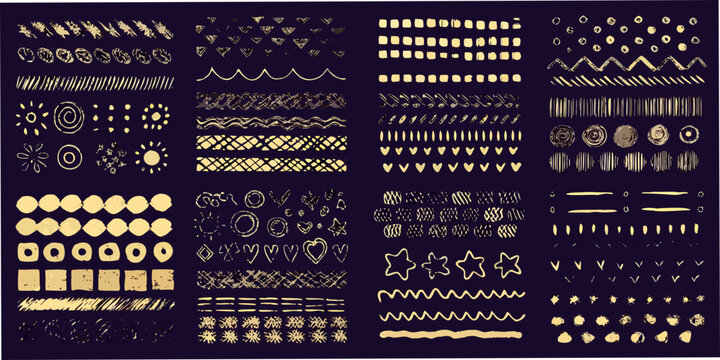 Collection of hand drawn golden doodle patterns on a dark background