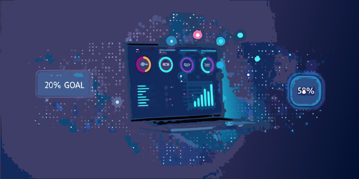 Laptop displaying data analytics with progress charts and digital network