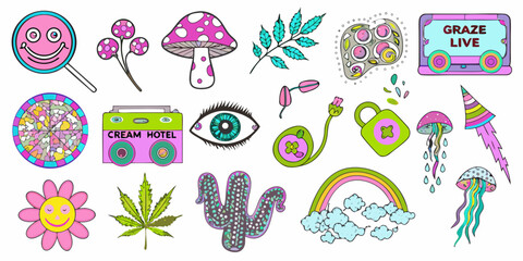 Colorful psychedelic stickers featuring mushrooms rainbows and whimsical objects © Gita