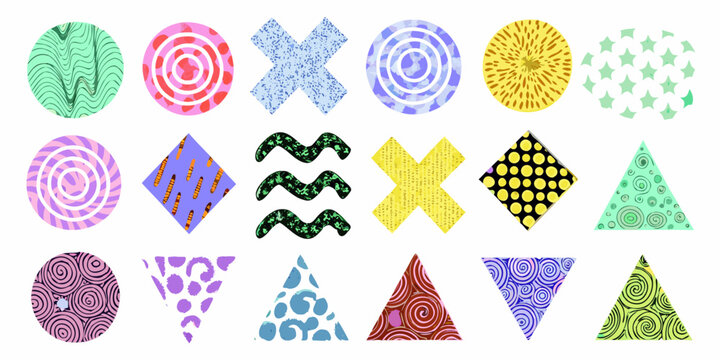 Colorful abstract shapes and patterns arranged in a grid formation