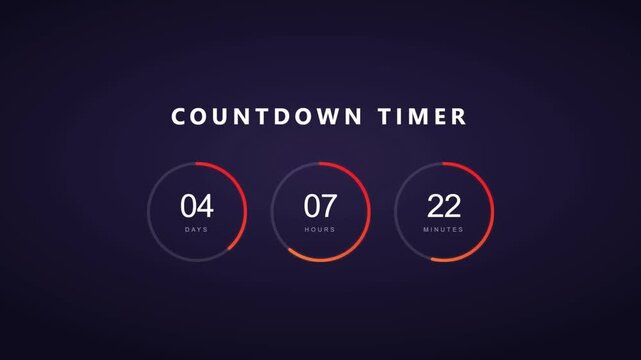 Modern countdown timer dashboard animation with hours minutes seconds on dark purple background