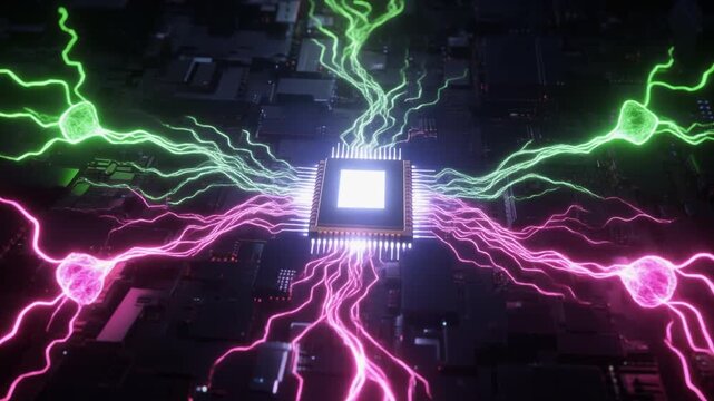 "Central microchip radiating neon energy streams across circuitry, symbolizing computational power, digital communication, and advanced connectivity."
