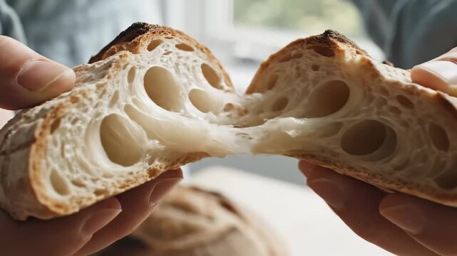 Hands gently pull apart a warm, crusty loaf, revealing the soft interior bursting with airy, chewy textures.