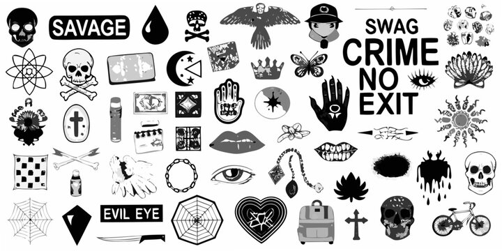 Collection of black and white temporary tattoo designs and graphic elements