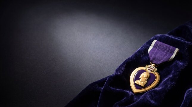 Purple Heart military medal resting on dark blue velvet cloth background