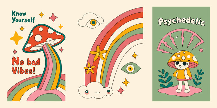 Colorful psychedelic illustrations featuring mushrooms rainbows and positive affirmations
