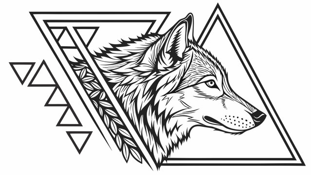 Vector design of a wolf head tattoo made of geometric shapes and triangles. Minimalistic black lines, symmetry, and a white background.