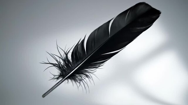 Elegant Black Feather Floating Gracefully in Soft Light.