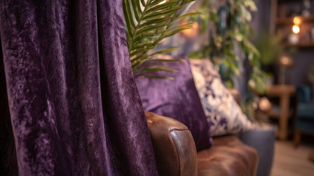 Textured Chenille Curtain in a Rich Plum Color Adorns a Luxurious Interior Setting