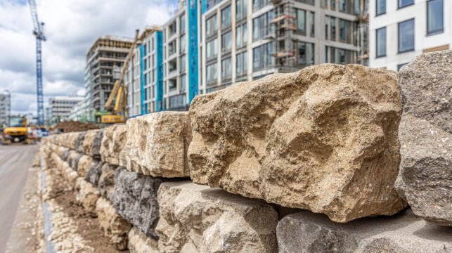 Textured concrete and stone block formations in front of modern building construction site