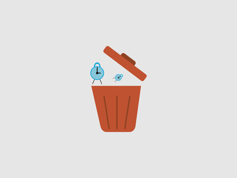 A conceptual illustration showing blue alarm clocks being thrown into a brown trash bin, symbolizing the act of wasting time or inefficient time management