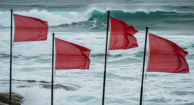 Severe storm warning red flags fly amidst rough seas and powerful waves coastal danger
