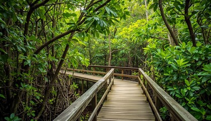 Fototapeta premium Serene Wooden Walkway Through A Dense Forest Filled With Tall Trees And Lush Greenery
