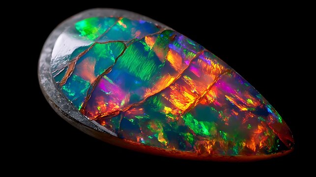 Stunning Teardrop Shaped Black Opal Gemstone on Black Background.
