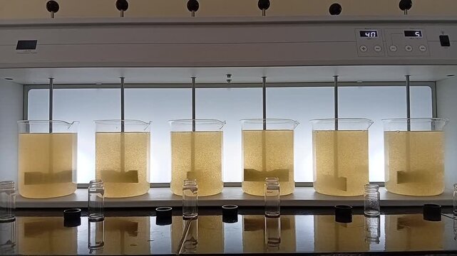 Middle Stage of Slow Mixing Flocculation at 40 RPM Showing Large Visible Flocs in Water Treatment Test