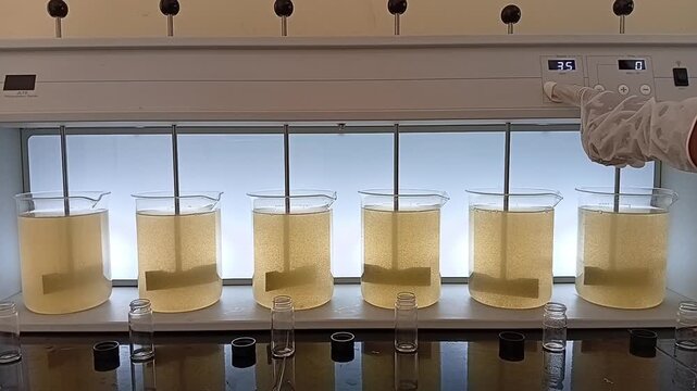 Starting the Slow Mixing Flocculation Phase at 40 RPM in Jar Test for Water Purification Process