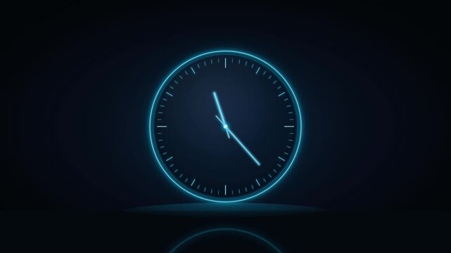 Glowing blue neon wall clock ticking on dark futuristic technology background