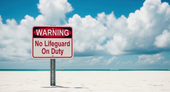 Beach safety warning no lifeguard on duty sign important coastal hazard and water safety alert