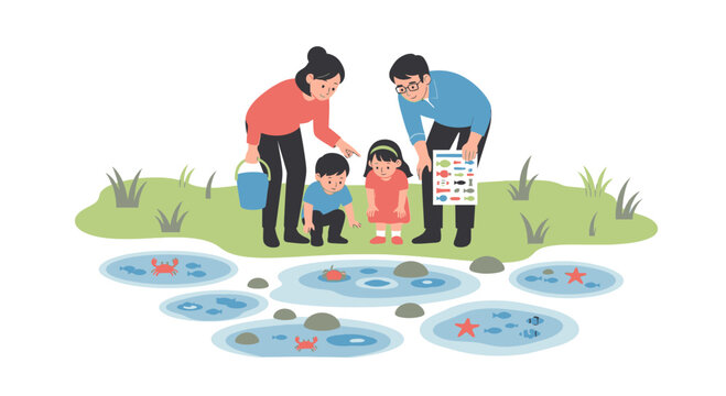 Family exploring tide pools, discovering marine life with identification chart