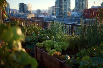Fototapeta premium Urban Rooftop Garden at Dawn with City Skyline