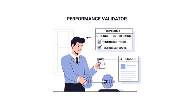 Performance Validator Concept: Man Checks Results on Phone, Weightlifting Barbell, Checklist
