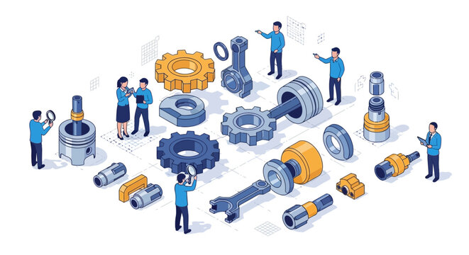 Isometric vector illustration depicting several characters inspecting a mechanical parts diagram showing the assembly of various machinery components, including gears and pistons