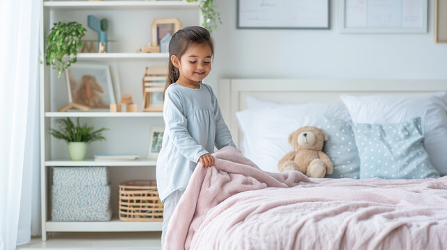 Little girl making bed, learning responsibility and morning routine in her bright bedroom during natural daylight