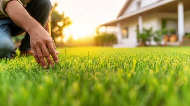 Person's hand touching fresh green grass on a vibrant lawn during outdoor home garden care at golden hour