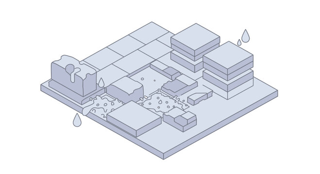 Urban drainage system illustration: permeable paving, runoff, and water infiltration concept