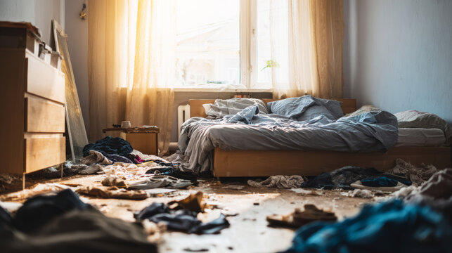Cluttered bedroom with unmade bed and scattered clothes on floor, reflecting untidiness and a disorganized lifestyle