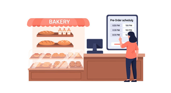 Woman Pre-Ordering Baked Goods at a Modern Bakery Counter with Digital Display