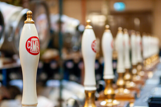 Row of beer pumps at a CAMRA (Campaign for Real Ale) beer and cider festival