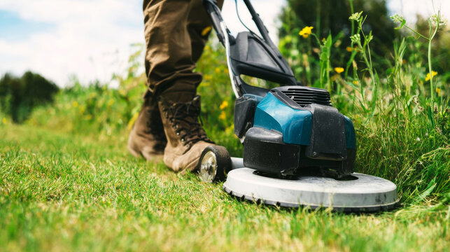 Person trimming green grass with electric lawn trimmer, working in garden, close up of boots and machine